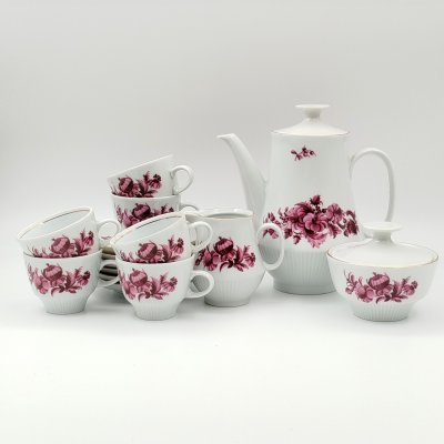 купить Сервиз кофейный с цветочным декором в пурпурной гамме на 6 персон (15 предметов), фарфор, деколь, золочение, Colditz (Кольдиц), ГДР, 1960-1990 гг.