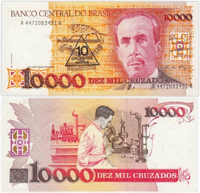 купить Бразилия 10 новых крузадо 1989, надпечатка на 10000 крузадо 1988