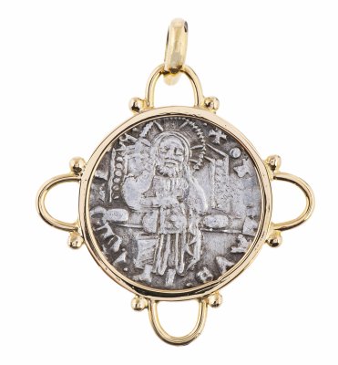 купить Кулон золотой 585 пр. с античной серебряной монетой Франческо Фоскари 1423-1457 годы, с изображением Иисуса Христа, ручная работа.