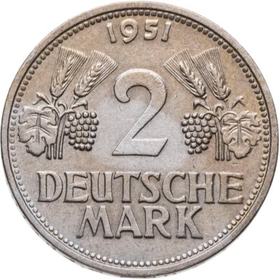 купить Германия 2 марки 1951, знак монетного двора: "G" - Карлсруэ