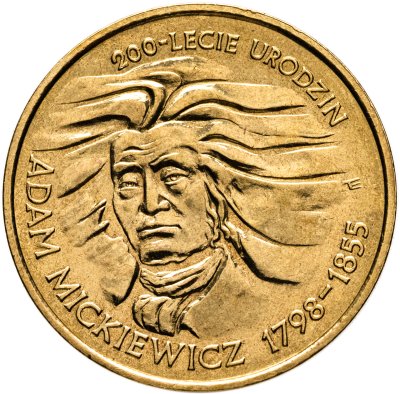 купить Польша 2 злотых (zlote) 1998 200 лет со дня рождения Адама Мицкевича