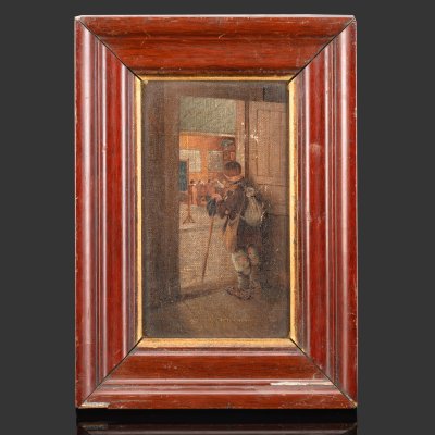 купить Картина "У дверей школы", оформленная в раму (копия одноименной работы Н.П. Богданова-Бельского, 1897 г., Государственный Русский музей), холст, картон, масло, дерево, Российская империя, 1900-1915 гг.