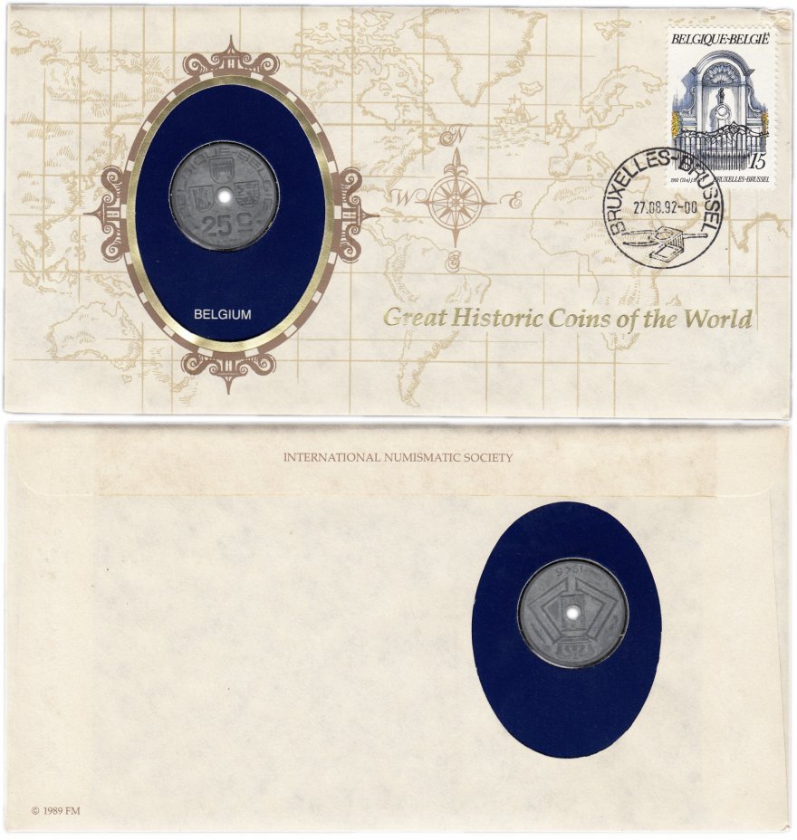 купить Серия «Великие исторические монеты мира» - Бельгия 25 сантимов (centimes) 1946 Надпись - 'BELGIQUE - BELGIE' (монета и 1 марка в конверте)
