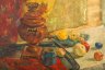 Купить Картина "Натюрморт с самоваром, кружкой и фруктами", оформленная в раму, художник Ю. Зарипов (?), ученик 2 курса вечернего отделения Ленинградского Художественного училища им. В.А. Серова, преподаватель - Чеснокова А.С., холст, масло, дерево, СССР, 1961 г.
