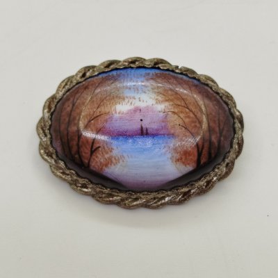 купить Брошь "Осенний пейзаж", металл, эмаль, роспись, Ростовская финифть, СССР, 1980-1990 гг.