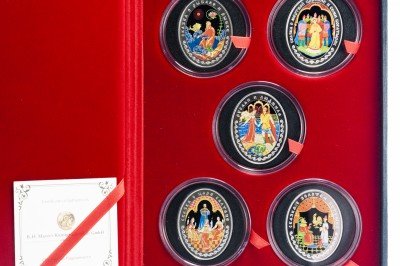 купить Беларусь набор из 5 монет 20 рублей 2009 Proof "Сказки Пушкина" в капсулах и подарочном футляре с сертификатом