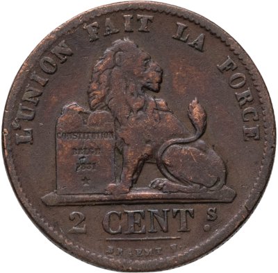 купить Бельгия 2 сантима (centimes) 1875 Надпись на французском - 'DES BELGES'