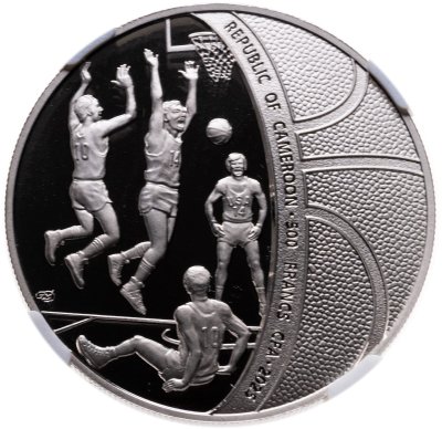 купить Камерун 500 франков CFA 2025 СПМД "Достижения Советского спорта — финал баскетбольного матча СССР — США 1972 года", в слабе ННР PROOF 70