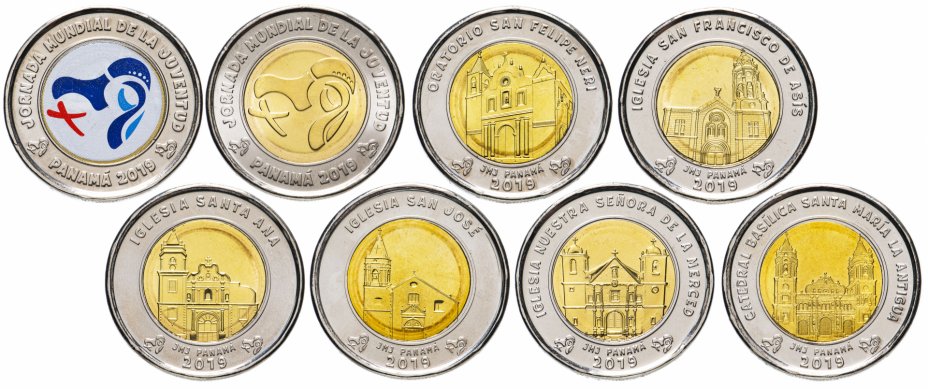 купить Панама полный набор 8 монет 1 бальбоа 2019 "Всемирный день молодежи. Соборы"