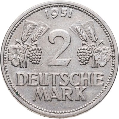 Купить Германия 2 марки 1951, знак монетного двора: "G" - Карлсруэ