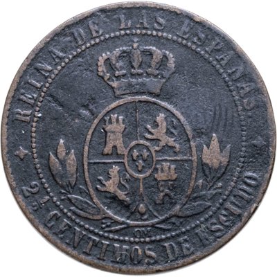 купить Испания 2 1/2 сентимо (centimos) 1866 4-х конечная звезда знак монетного двора "4-х конечная звезда" и "OM" - Хубия