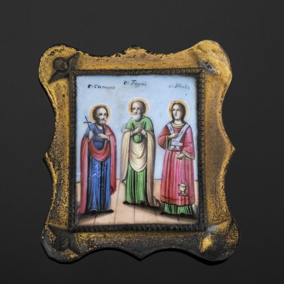 Купить Икона (образок) "Святые мученики и исповедники Гурий, Самон и Авив), металл, финифть, Российская империя, 1850-1900 гг.