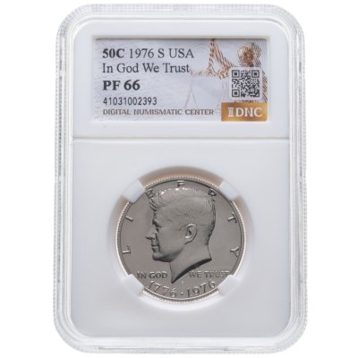 Купить США 50 центов (1/2 доллара, half dollar) 1976 "200 лет независимости США" в слабе DNC PF66