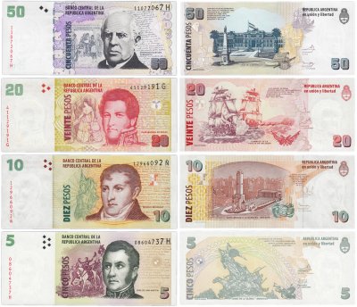 купить Аргентина - набор 4 банкноты - 5, 10, 20, 50, песо 2002-2016 Pick 353, 354, 355, 356