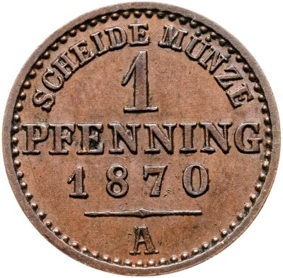 купить Германия, Пруссия 1 пфенниг 1870, знак монетного двора "А" - Берлин