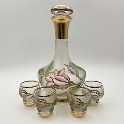 купить Набор для подачи крепких напитков на 4 персоны с цвекточным декором, стекло, роспись, золочение, Чехословакия, 1970-1990 гг.
