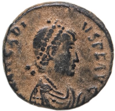 Купить Римская Империя, Аркадий, AE (фолис) 383-408 гг. (реверс: Виктория идет вправо, в руках венок и пальмовая ветвь)