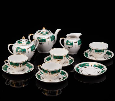 купить Чайный сервиз на 4 персоны "Золотая вязь" на изумрудном оттенке, фарфор, крытье, золочение, Барановский фарфоровый завод, СССР, 1950-1960 гг.
