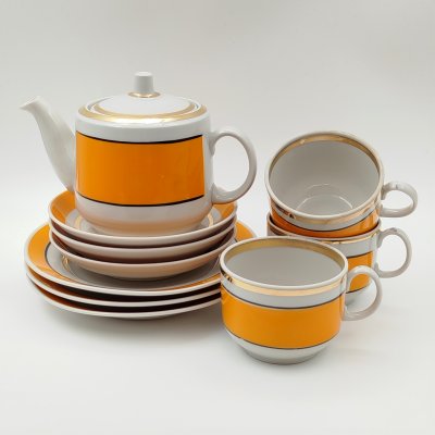 купить Сервиз чайный в бело-оранжевой гамме на 3 персоны (10 предметов), фарфор, крытье, золочение, Южноуральский фарфоровый завод (ЮФЗ), СССР, 1974-1984 гг.