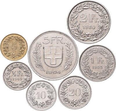 купить Швейцария набор монет по номиналам 1969-2013 (7 штук)
