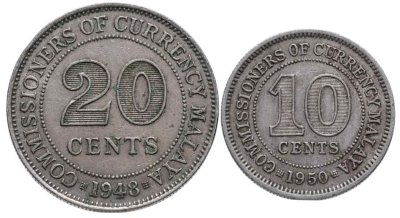 купить Малайя набор из 2 монет: 10 и 20 центов 1948-1950 гг.
