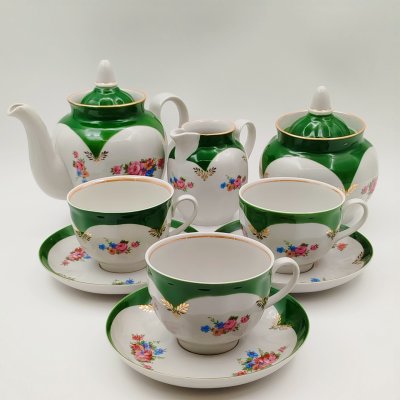 купить Сервиз чайный с цветочным декором на 3 персон (9 предметов), фарфор, деколь, крытье, золочение, Дулевский фарфоровый завод (Дулёво), Россия, 1999 г.