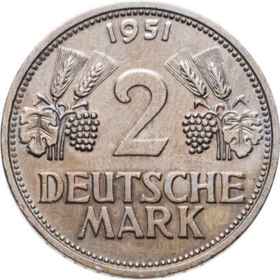 купить Германия 2 марки 1951, знак монетного двора: "G" - Карлсруэ