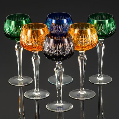 купить Набор бокалов для вина на 6 персон, украшенных резным орнаментом, хрусталь, алмазная грань, Echt Bleikristall, Германия, 1970-1990 гг.