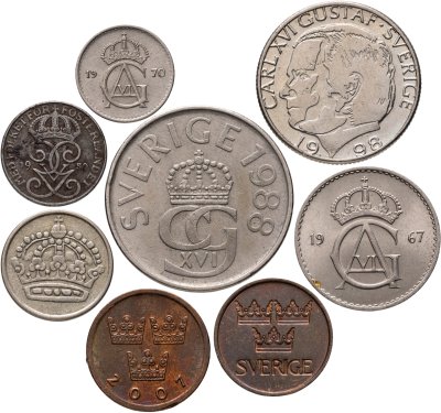 купить Швеция набор из 8 монет 1, 5, 10, 25, 50 эре (ore) , 1, 5 крон 1950-2007
