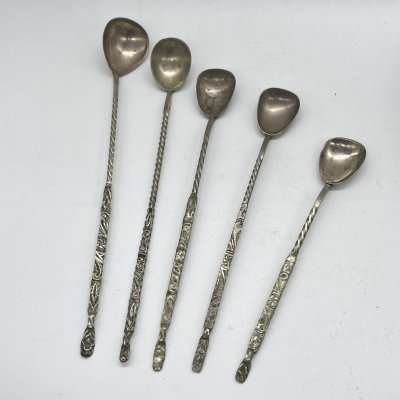 купить Набор из 5 ложек для смешивания коктейлей с витыми ручками, мельхиор (медь-никель), СССР, 1970-1990 гг.