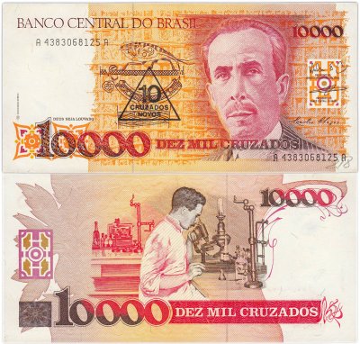 купить Бразилия 10 новых крузадо 1989, надпечатка на 10000 крузадо 1988