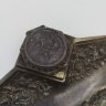 Купить Чернильница с подставкой под письменные принадлежности, с изображением Богоматери Лурдской в окружении роз, металл, серебрение, Франция, 1930-1950 гг.