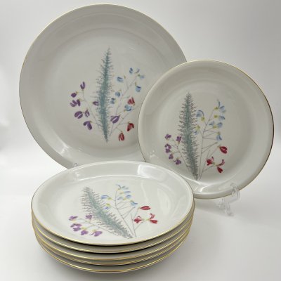 купить Набор десертных тарелок с блюдом на 6 персон, украшенный цветочным декором, фарфор, деколь, золочение, Kahla-Könitz, ГДР, 1964-1982 гг.