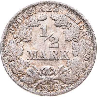 купить Германия 1/2 марки (mark) 1919, знак монетного двора: "D" - Мюнхен