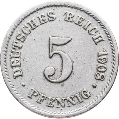 купить Германия 5 пфеннигов (pfennig) 1908 G знак монетного двора: "G" - Карлсруэ