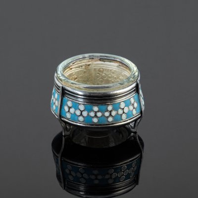 Купить Солонка с декором геометрическим декором, мельхиор (медь-никель), эмаль, стекло (вставка), Мстерский завод художественных изделий «Ювелир», СССР, 1974 г.