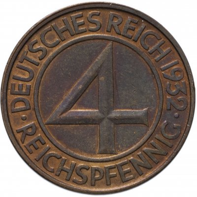 Купить Германия (Веймарская республика) 4 рейх пфеннига (reichspfennig) 1932 D