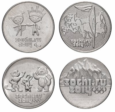 купить Набор из 4х монет 25 рублей 2011-2014 "XXII зимняя Олимпиада в Сочи" в запайке [ДЕШЕВЛЕ НОМИНАЛА]