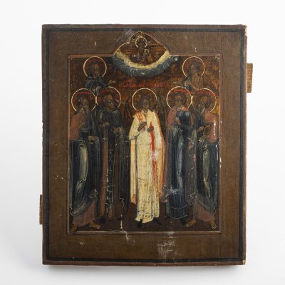 Купить Икона "Святой Ангел Хранитель с предстоящими святыми: Нифонтом, Симеоном, Моисеем, Марией, Вонифатием и Иоанном", дерево, темпера, Российская империя, 1840-1880 гг.