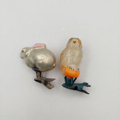 купить Набор из 2-х ёлочных игрушек на прищепках "Сова" и "Заяц", стекло, краска, металл, СССР, 1960-1980 гг.
