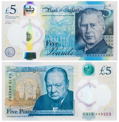 купить Англия 5 фунтов 2024 "Черчиль" Чарльз 3 Новый дизайн (Pick 398) полимер