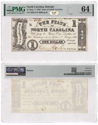 купить США Северная Каролина, Роли 1 доллар (dollar) 1862 в слабе PMG UNC 64