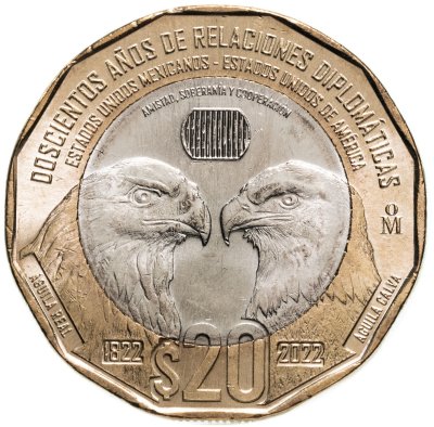 купить Мексика 20 песо 2022 "200 лет Дипломатии Мексики и США" Беркут и Орел