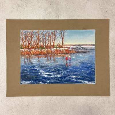 купить Графическая работа в паспарту "Прогулка по замерзшему озеру" ("Зима"), художник Жорж Фирсов, бумага, пастель, Российская Федерация, 2025 г.