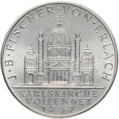 Купить Австрия 2 шиллинга (shillings) 1937  200 лет со дня завершения строительства церкви Святого Карла