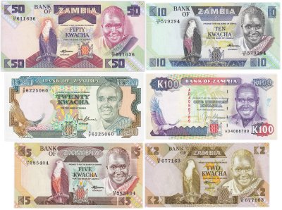 купить Замбия набор 6 банкнот 2, 5, 10, 20, 50, 100 квача 1980-2008