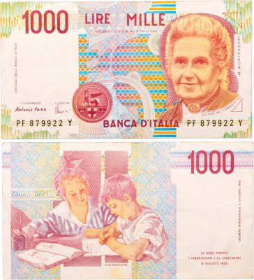 купить Италия 1000 Лир 1990 "Мария Монтессори. Школа Монтессори"