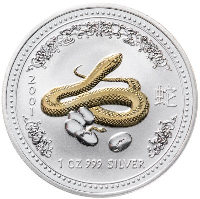 купить Австралия 1 доллар 2001 UNC "Восточный календарь - Лунар. Лунный календарь. Год Змеи" позолоченная