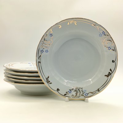 купить Набор из 6-ти суповых тарелок с растительным декором, фарфор, золочение, роспись, Барановский фарфоровый завод, СССР, 1970-1991 гг.