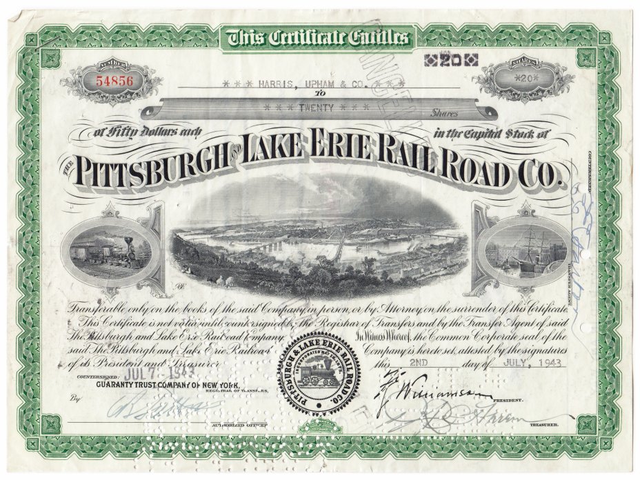 купить Акция СШАPittsburch and Lake Erie Rail Road Co. 1943 г.
